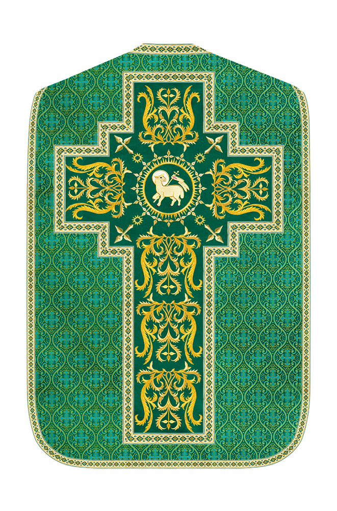 Liturgical Roman Chasuble Vestment With Spiritual Motifs and Trims