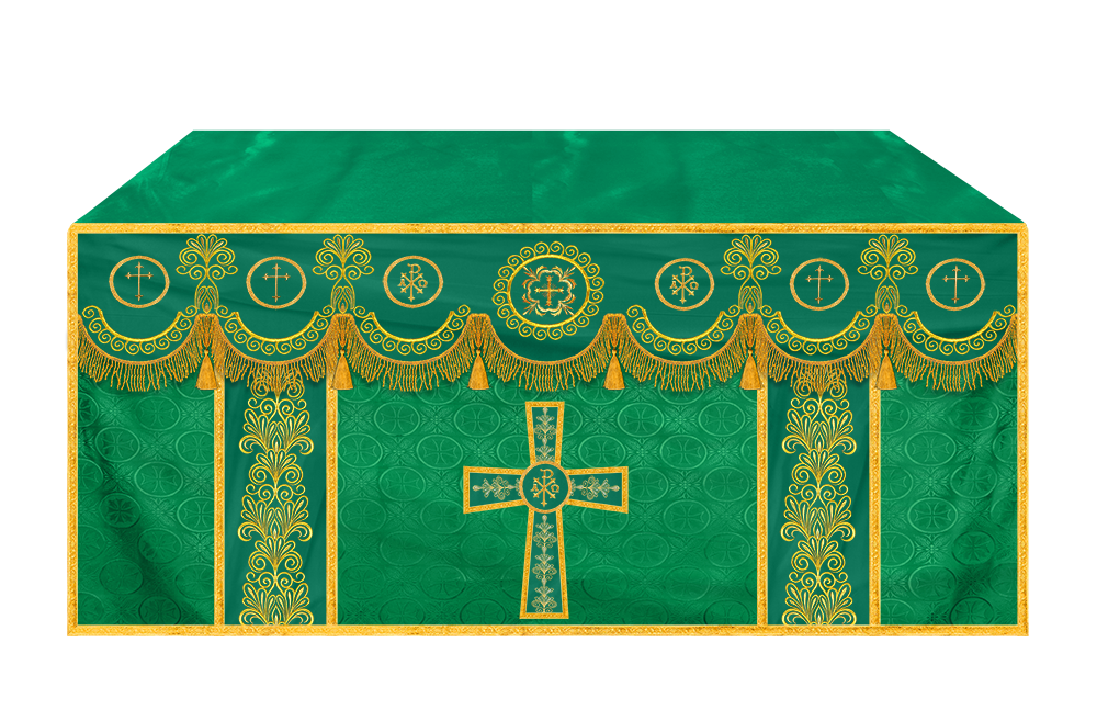 Traditional Altar Cloth Adorned with Embroidered Trims and Motif