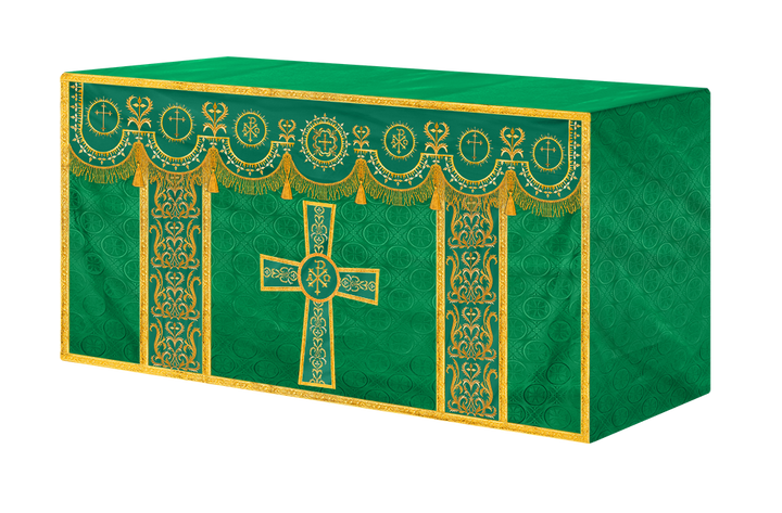 Traditional Altar Table Cloth with Ornate Motif and Embroidered Trims