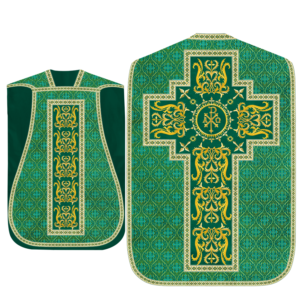 Liturgical Roman Chasuble Vestment With Spiritual Motifs and Trims