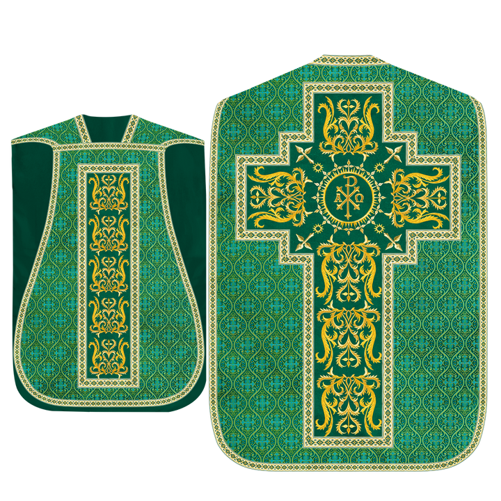 Liturgical Roman Chasuble Vestment With Spiritual Motifs and Trims