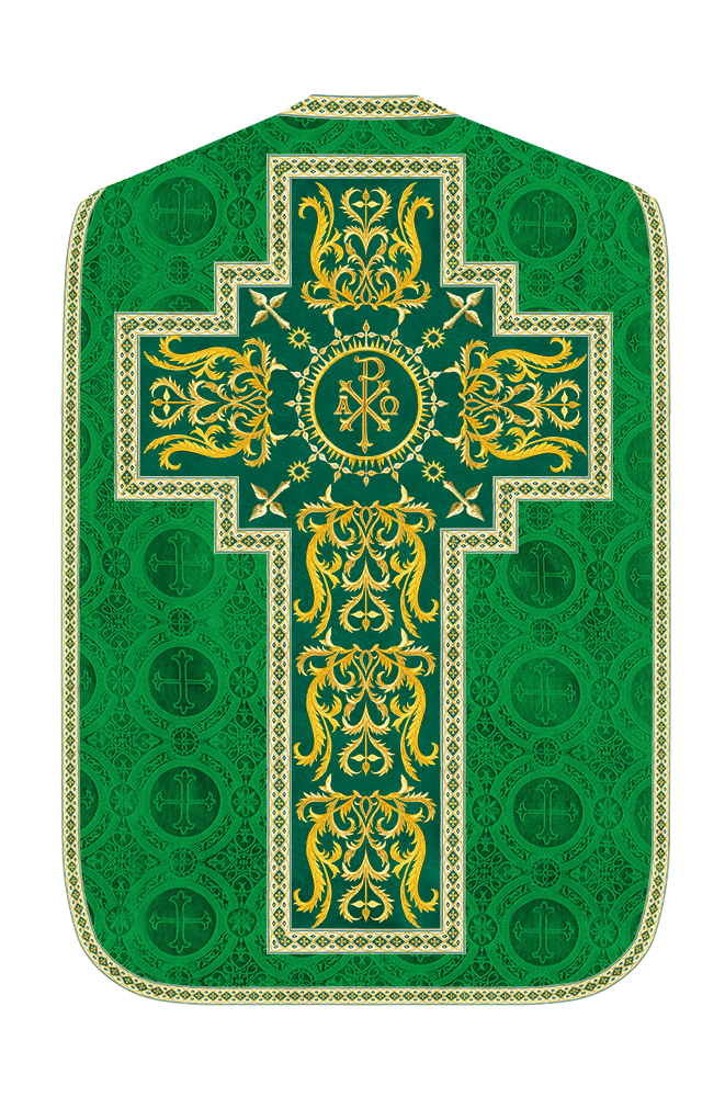 Liturgical Roman Chasuble Vestment With Spiritual Motifs and Trims