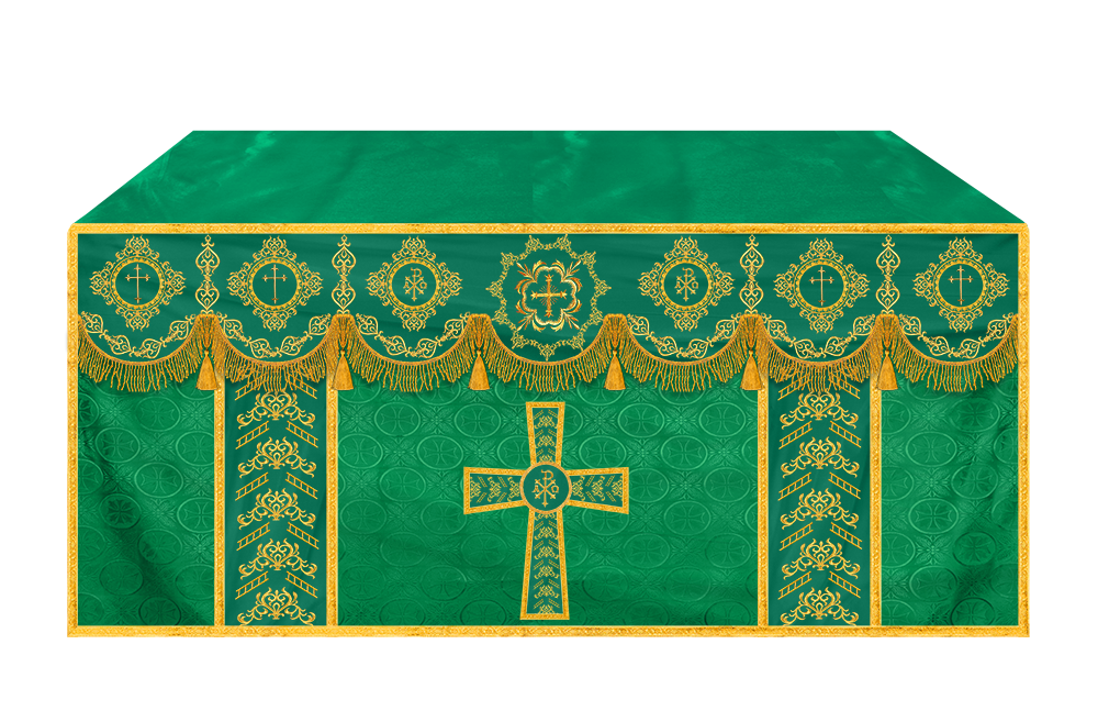 Embroidered Altar Cloth with Spiritual Motif and Braided Trims
