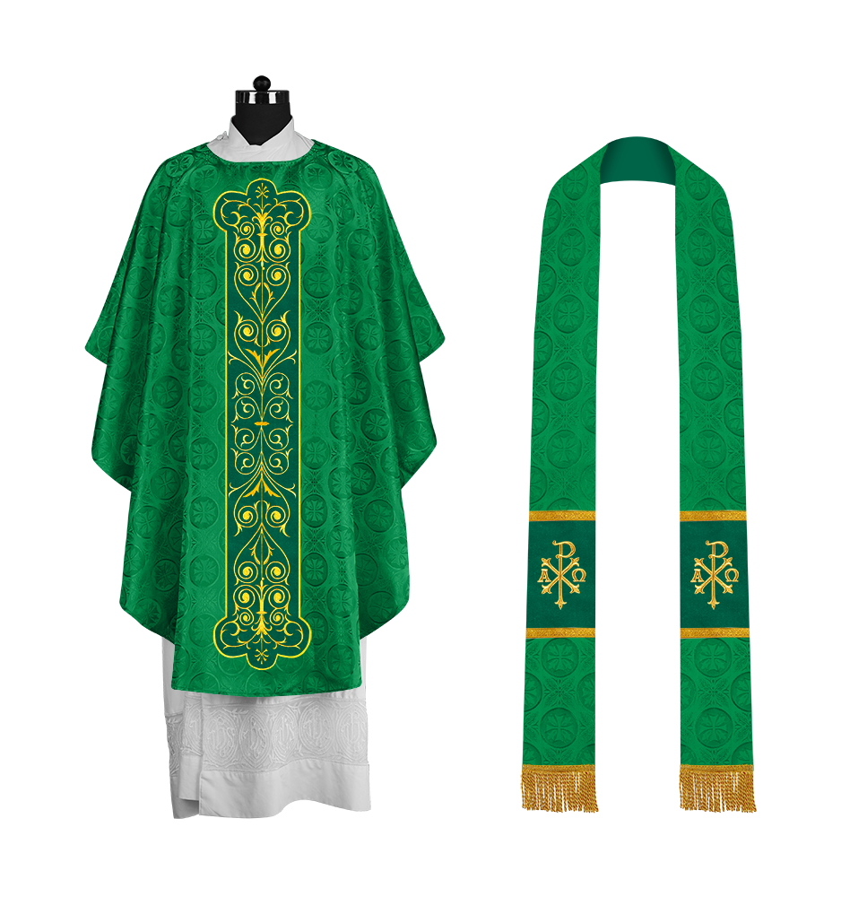 Liturgical Priest Chasuble with Vintage-Style Embroidered Orphrey