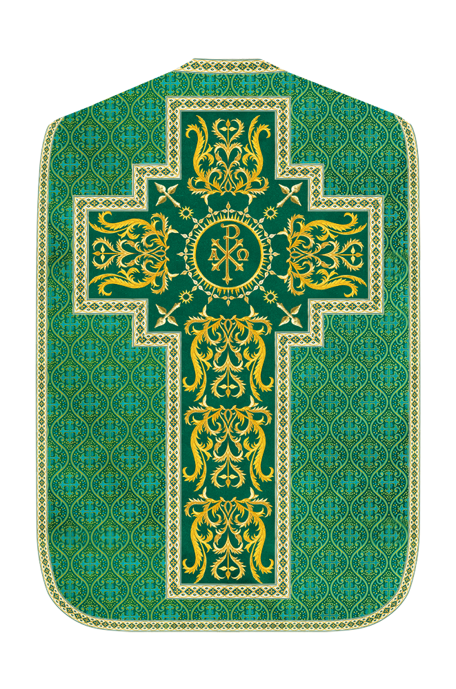 Liturgical Roman Chasuble Vestment With Spiritual Motifs and Trims