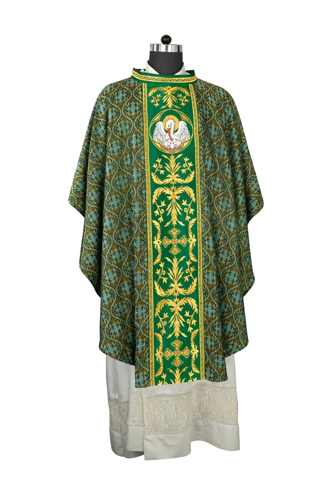 Gothic Chasuble with Ornate Pelican and Cross Embroidery