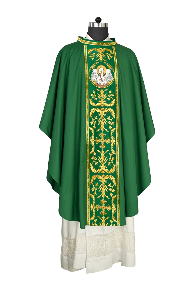 Gothic Chasuble with Ornate Pelican and Cross Embroidery