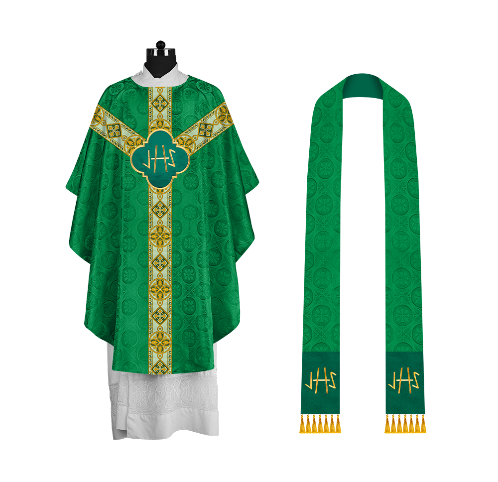 Traditional Liturgical Chasuble Adorned with Braided Orphrey