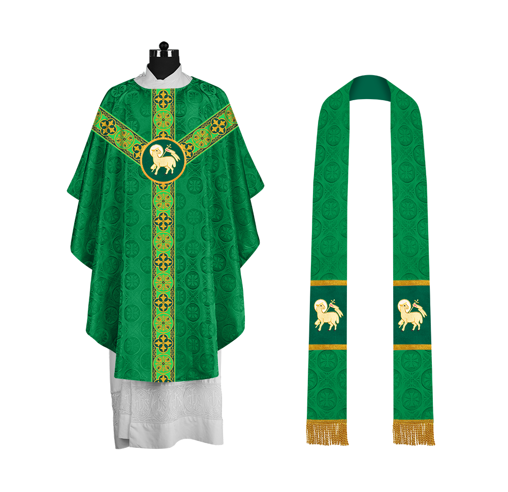 Gothic Chasuble Vestment with Spiritual Motif and Ornate Lace