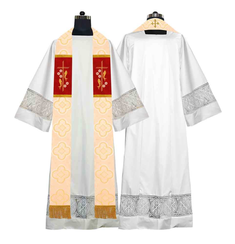 Catholic Priest Embroidered Clergy Stole with Fish and Spiritual Cross