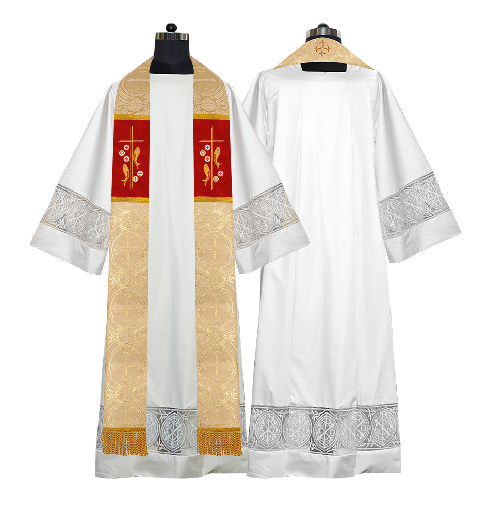 Catholic Priest Embroidered Clergy Stole with Fish and Spiritual Cross