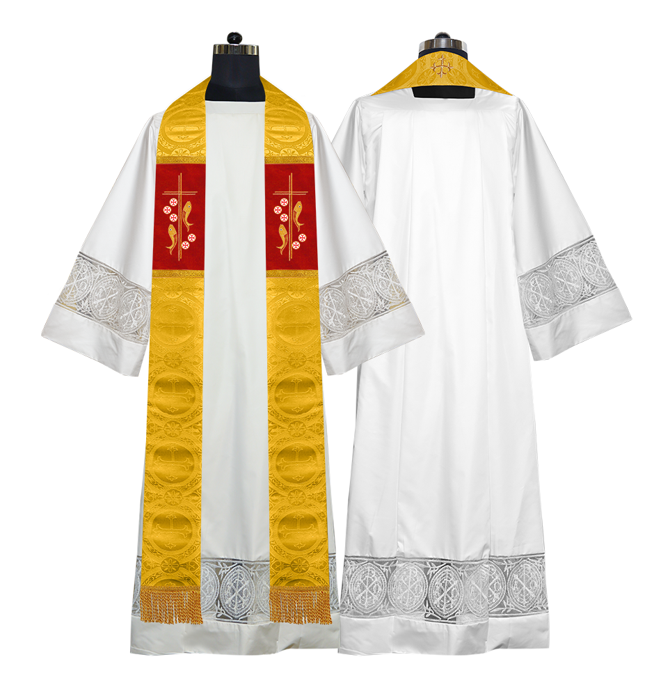 Catholic Priest Embroidered Clergy Stole with Fish and Spiritual Cross