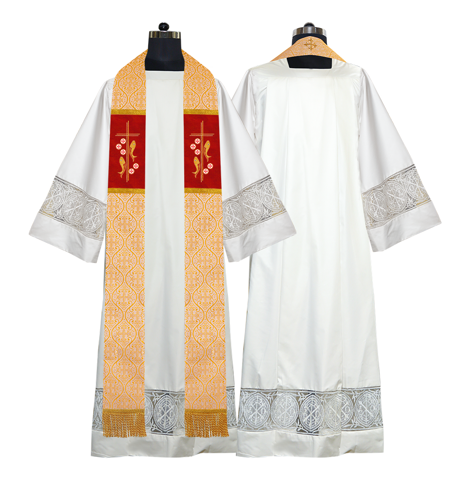 Catholic Priest Embroidered Clergy Stole with Fish and Spiritual Cross