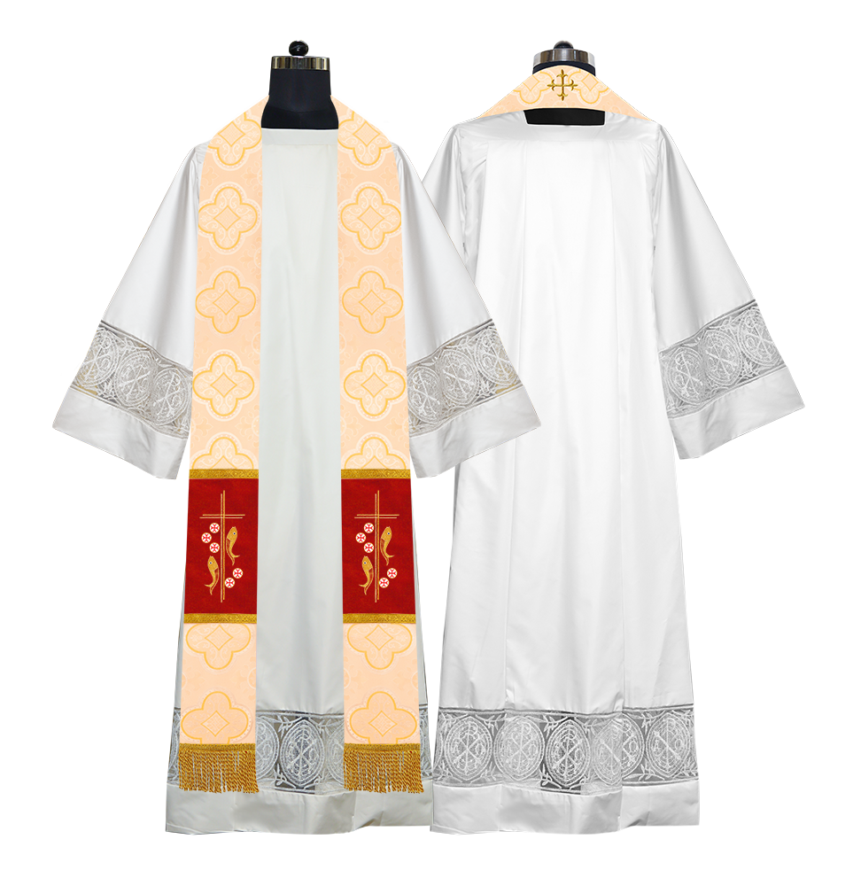 Catholic Priest Embroidered Clergy Stole with Fish and Spiritual Cross