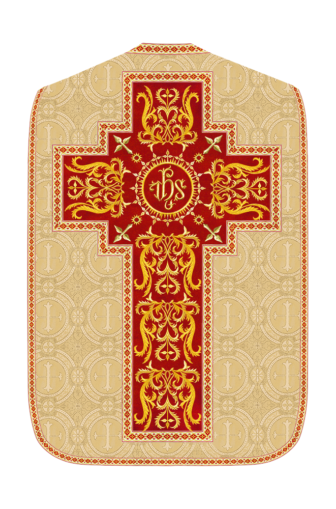 Liturgical Roman Chasuble Vestment With Spiritual Motifs and Trims