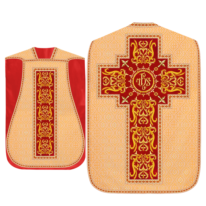 Liturgical Roman Chasuble Vestment With Spiritual Motifs and Trims