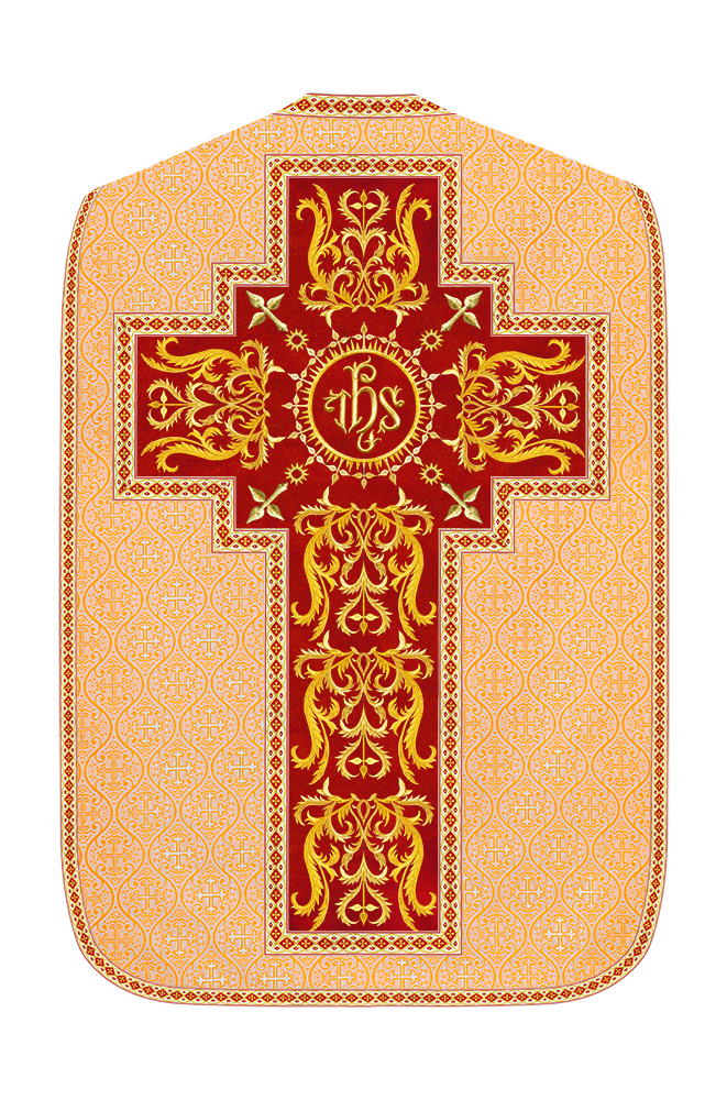 Liturgical Roman Chasuble Vestment With Spiritual Motifs and Trims