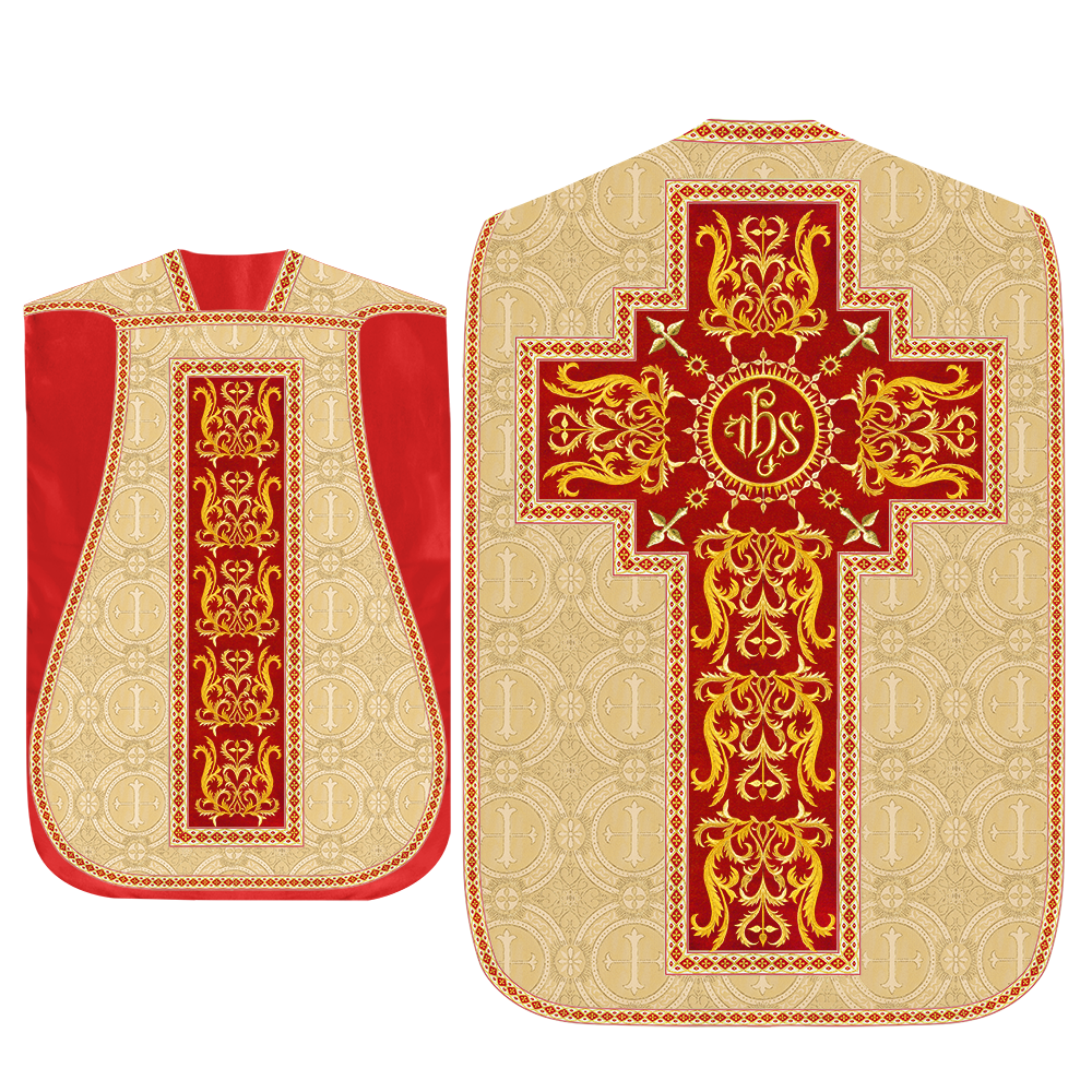 Liturgical Roman Chasuble Vestment With Spiritual Motifs and Trims