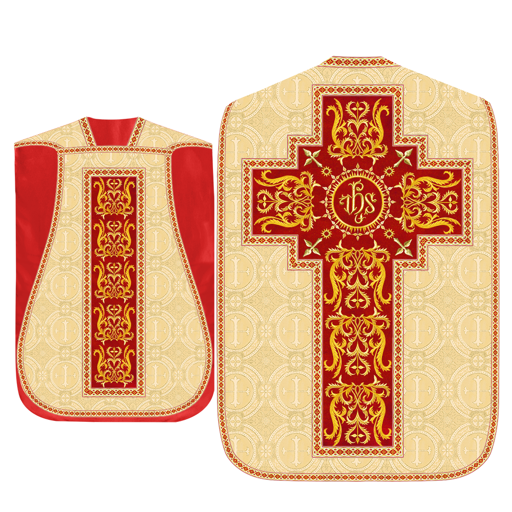 Liturgical Roman Chasuble Vestment With Spiritual Motifs and Trims