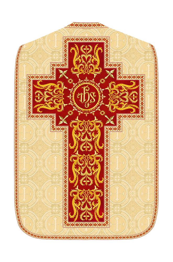 Liturgical Roman Chasuble Vestment With Spiritual Motifs and Trims