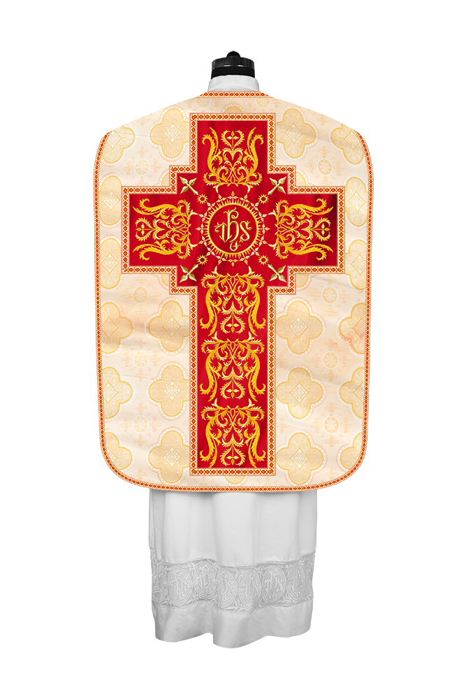 Liturgical Roman Chasuble Vestment With Spiritual Motifs and Trims
