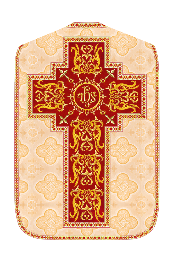 Liturgical Roman Chasuble Vestment With Spiritual Motifs and Trims