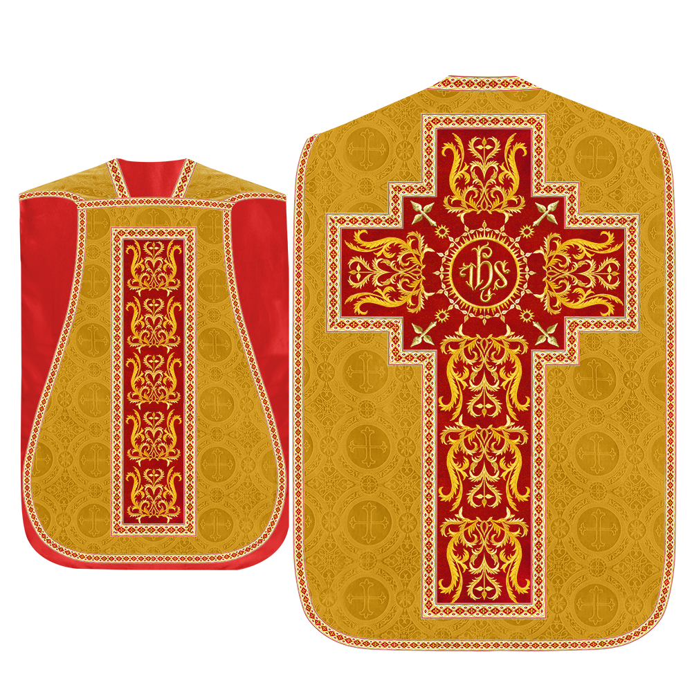 Liturgical Roman Chasuble Vestment With Spiritual Motifs and Trims