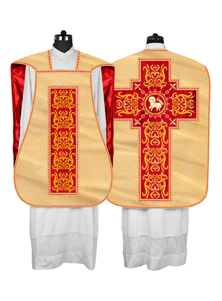 Liturgical Roman Chasuble Vestment With Spiritual Motifs and Trims