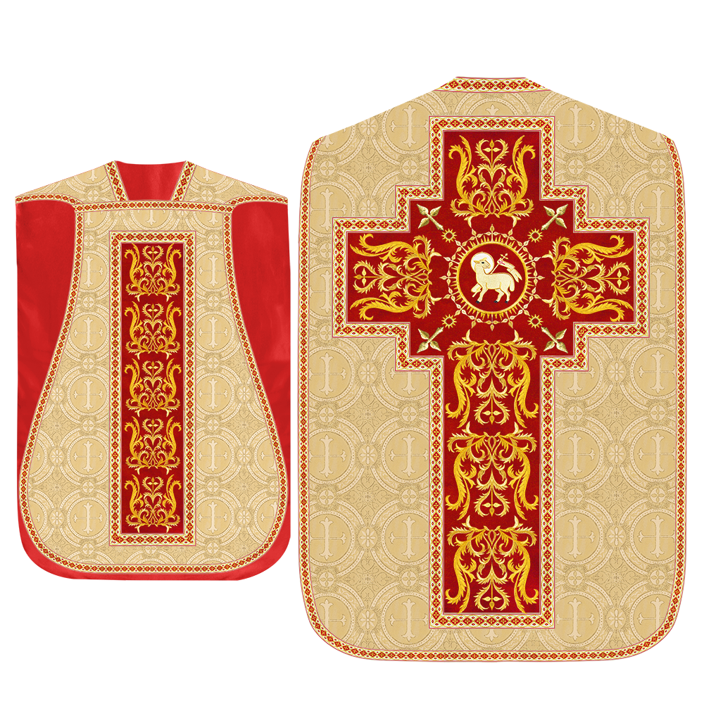 Liturgical Roman Chasuble Vestment With Spiritual Motifs and Trims