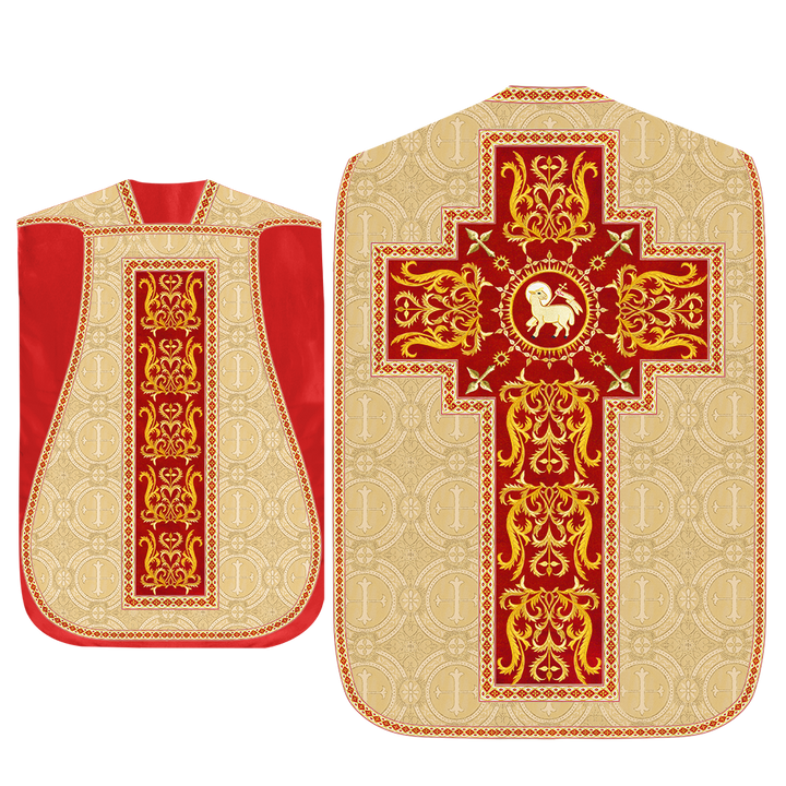 Liturgical Roman Chasuble Vestment With Spiritual Motifs and Trims