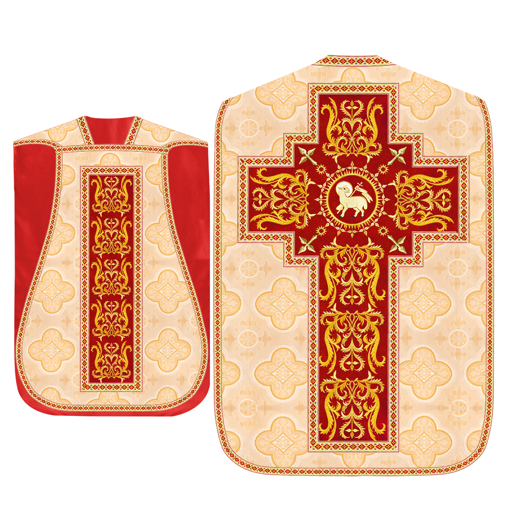 Liturgical Roman Chasuble Vestment With Spiritual Motifs and Trims