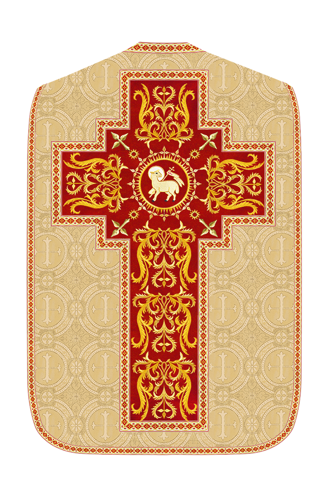 Liturgical Roman Chasuble Vestment With Spiritual Motifs and Trims