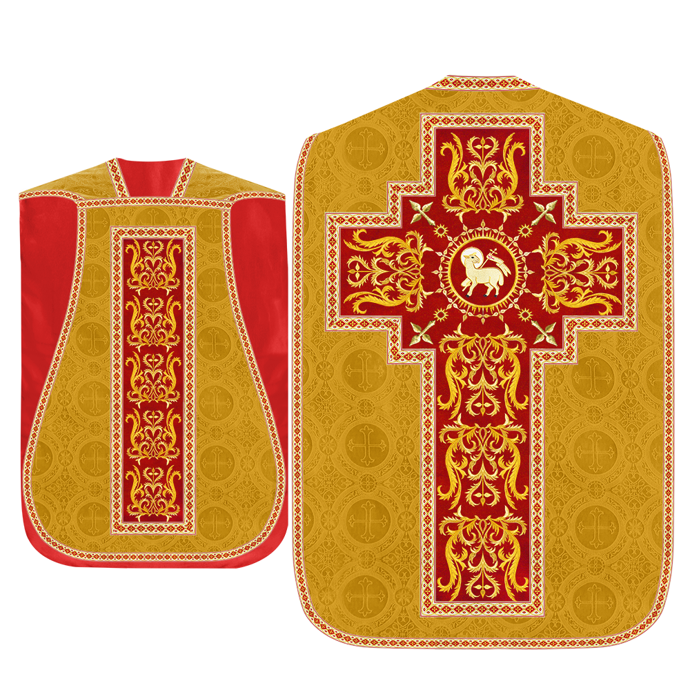 Liturgical Roman Chasuble Vestment With Spiritual Motifs and Trims