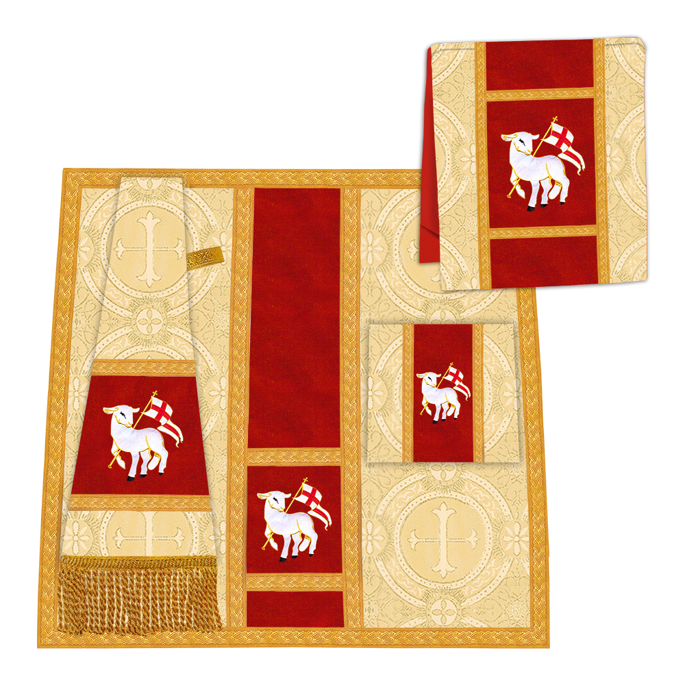 Casulla romana con motivo espiritual y trenzas ornamentadas 