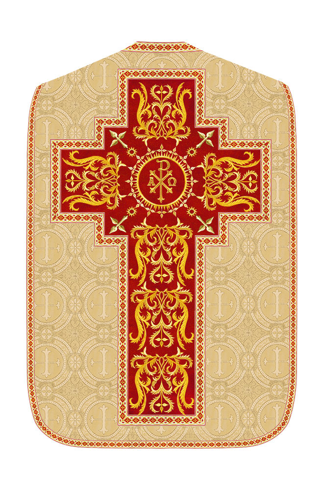 Liturgical Roman Chasuble Vestment With Spiritual Motifs and Trims