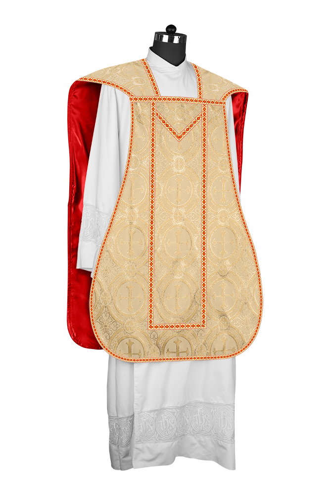 Casulla romana con motivos y ribetes adornados 