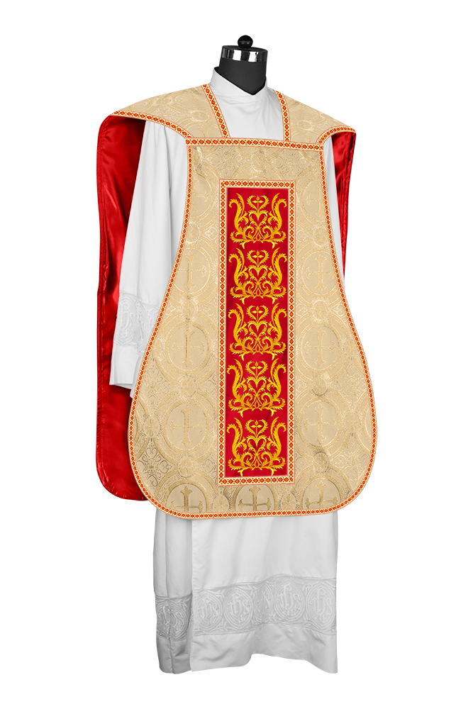 Liturgical Roman Chasuble Vestment With Spiritual Motifs and Trims