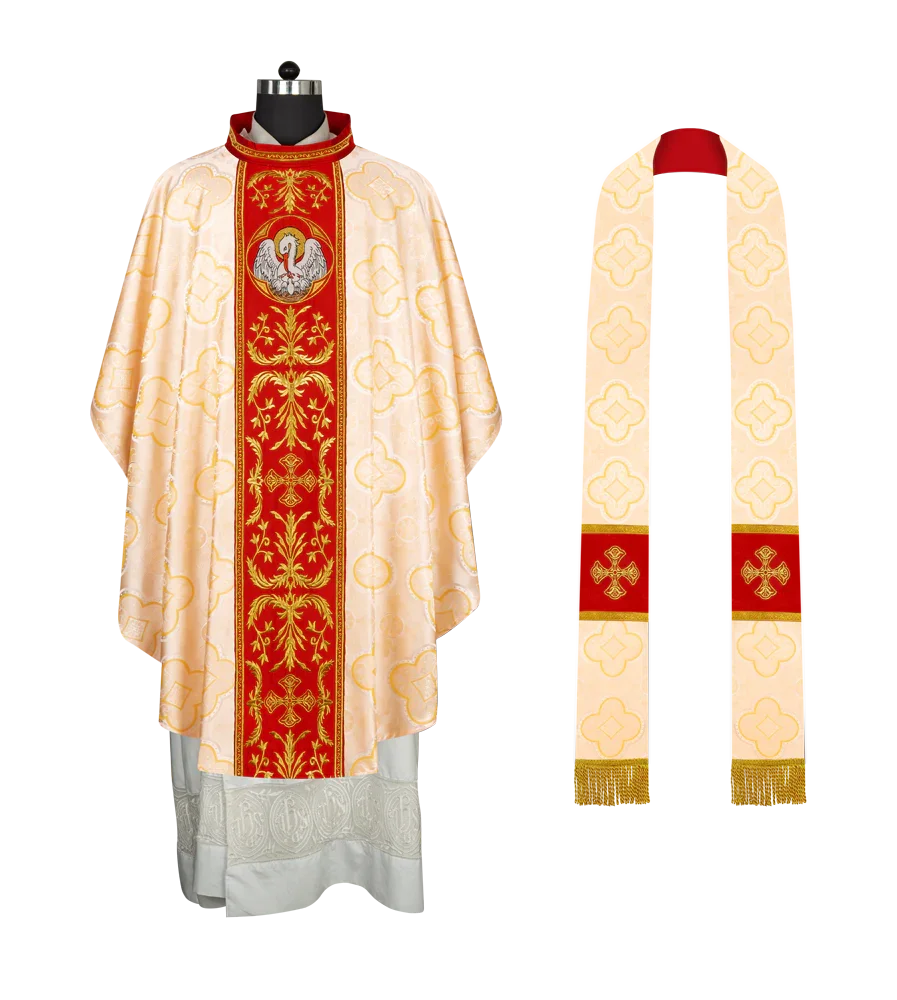 Gothic Chasuble with Ornate Pelican and Cross Embroidery