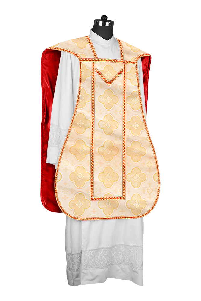 Casulla romana con motivos y ribetes adornados 