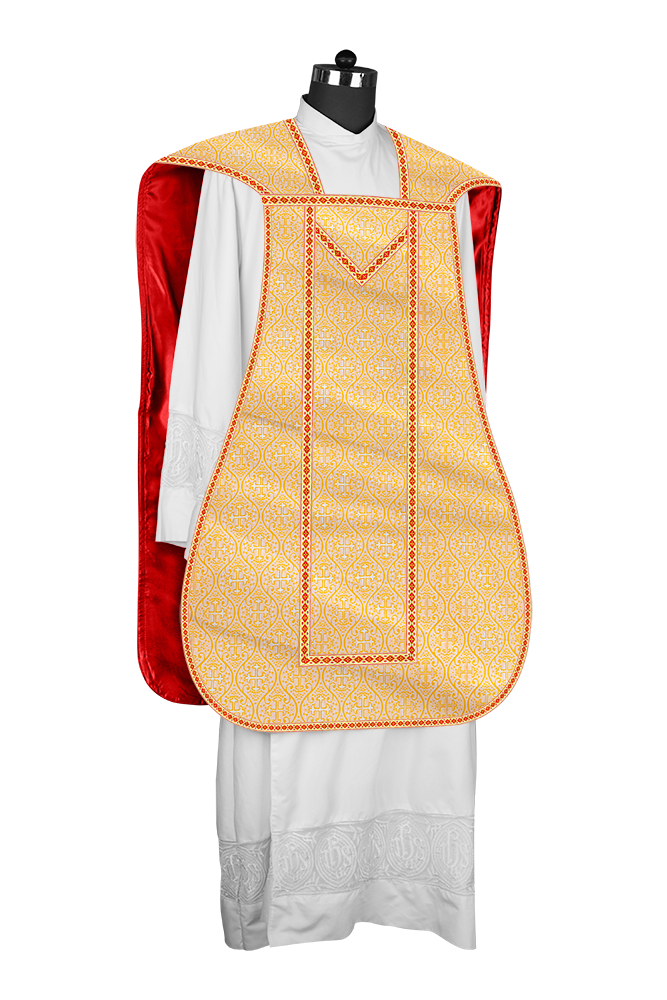 Casulla romana con motivos y ribetes adornados 