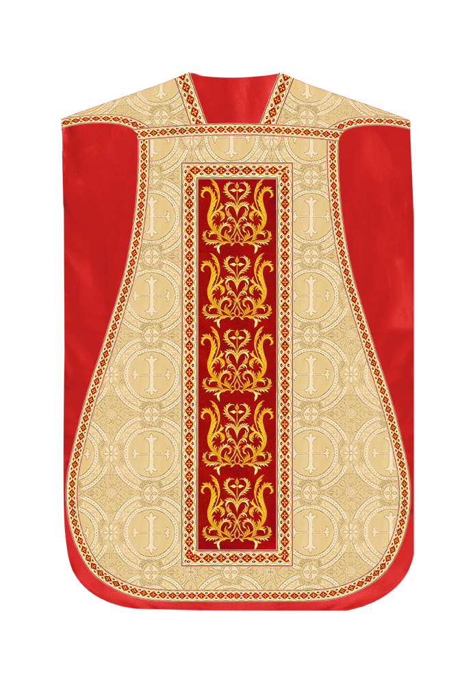 Liturgical Roman Chasuble Vestment With Spiritual Motifs and Trims