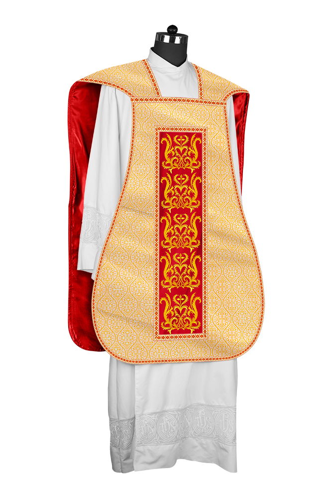 Liturgical Roman Chasuble Vestment With Spiritual Motifs and Trims