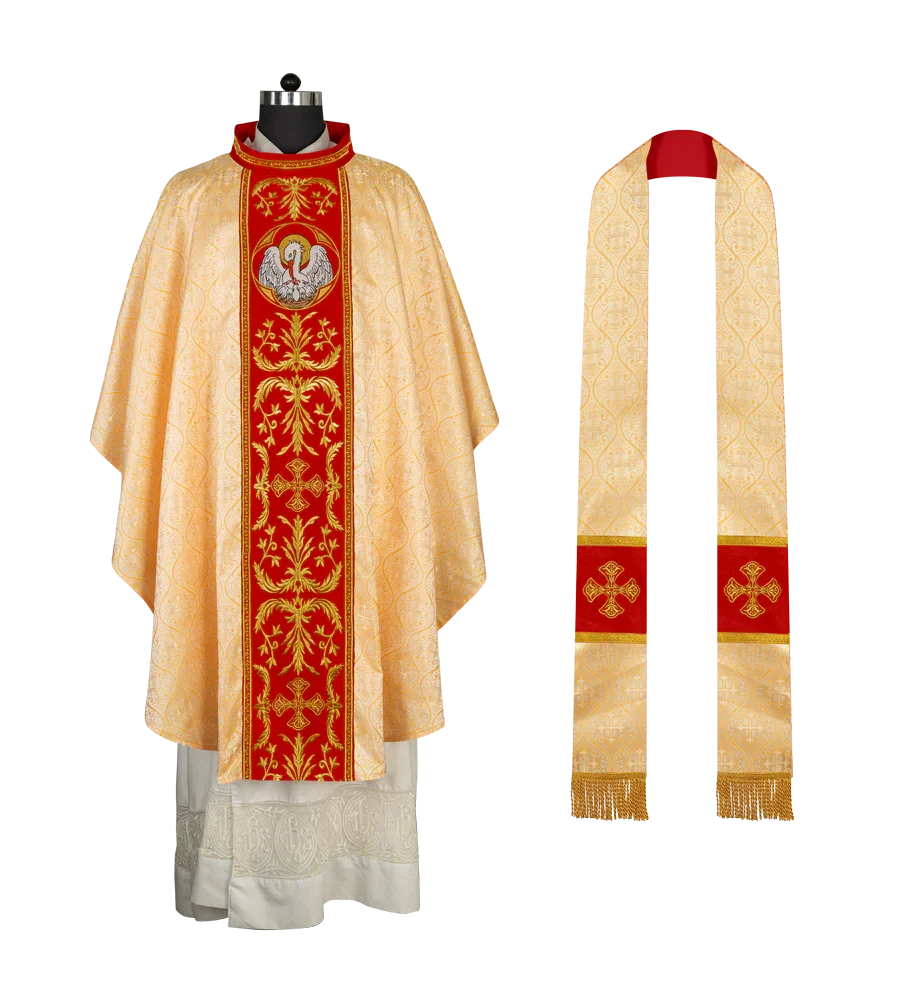 Gothic Chasuble with Ornate Pelican and Cross Embroidery