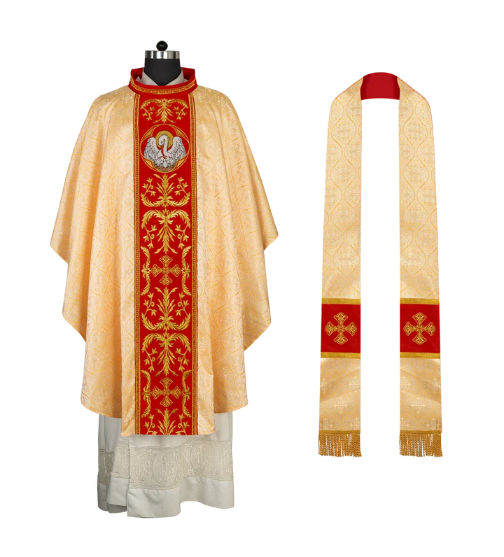 Gothic Chasuble with Ornate Pelican and Cross Embroidery