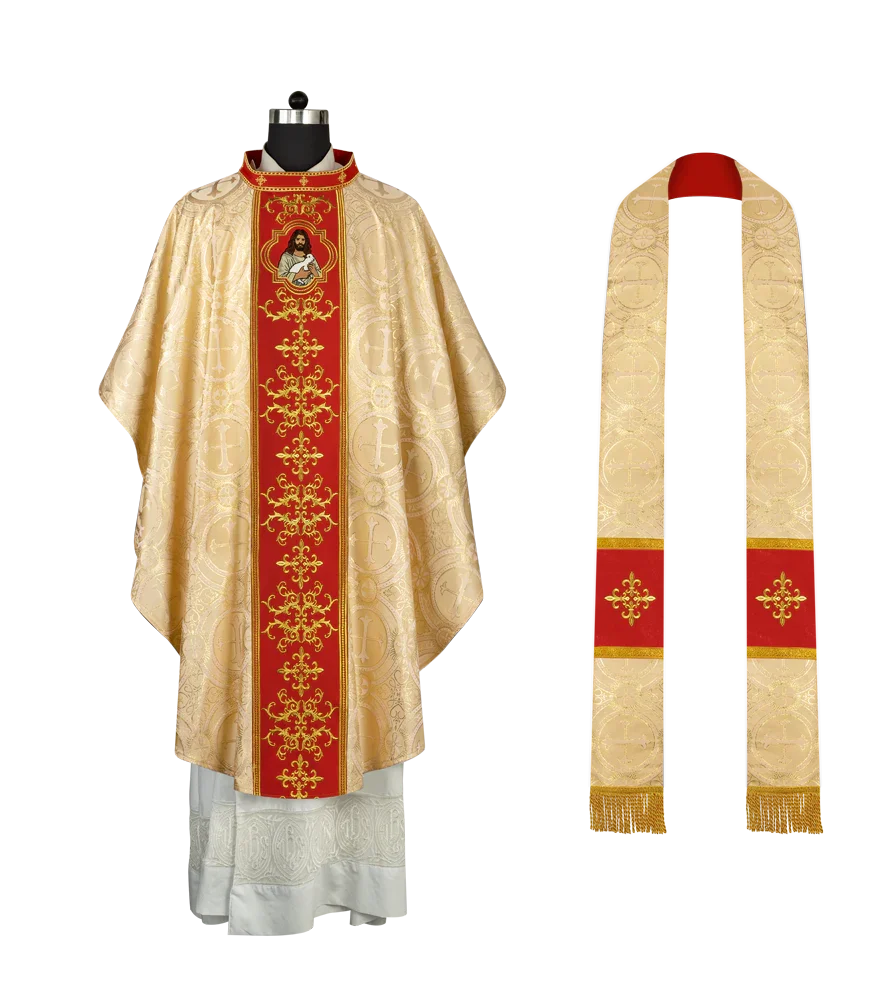 Liturgical Chasuble with Intricate Embroidery of Jesus and the Lamb