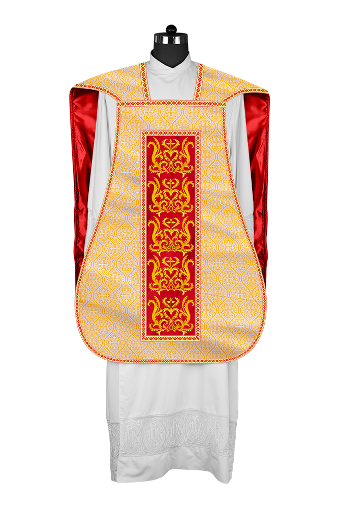 Liturgical Roman Chasuble Vestment With Spiritual Motifs and Trims