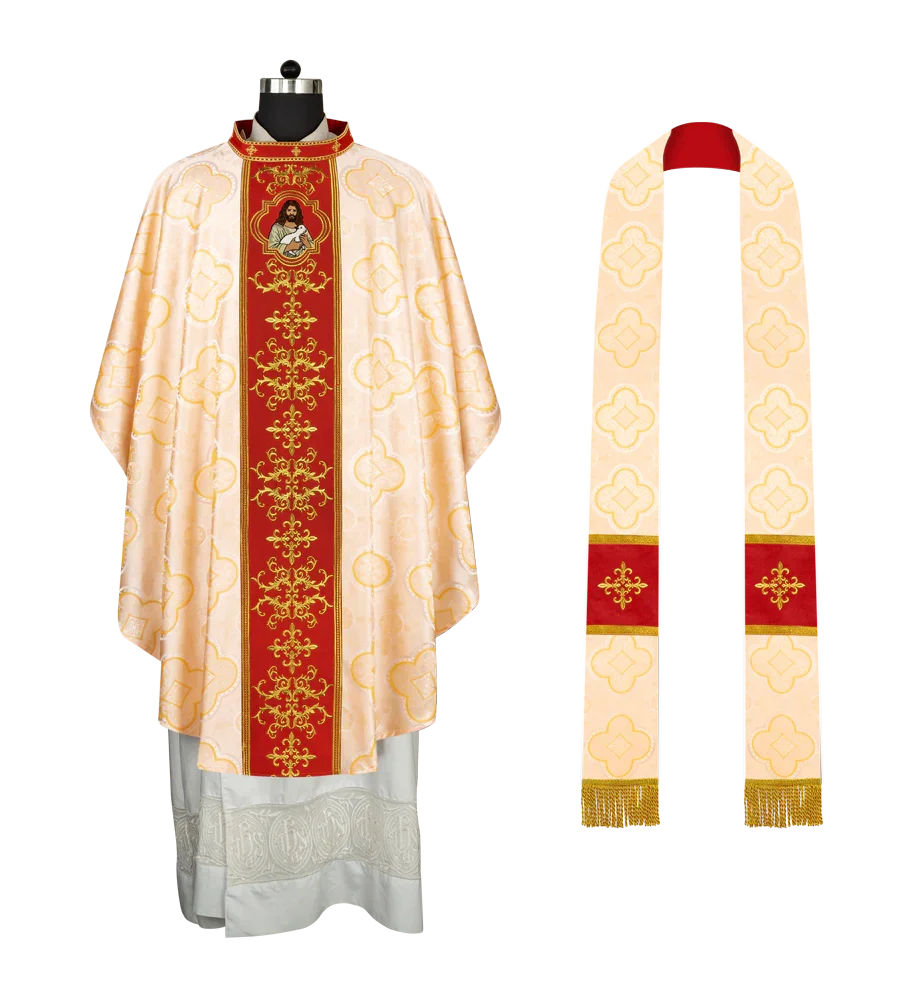 Liturgical Chasuble with Intricate Embroidery of Jesus and the Lamb