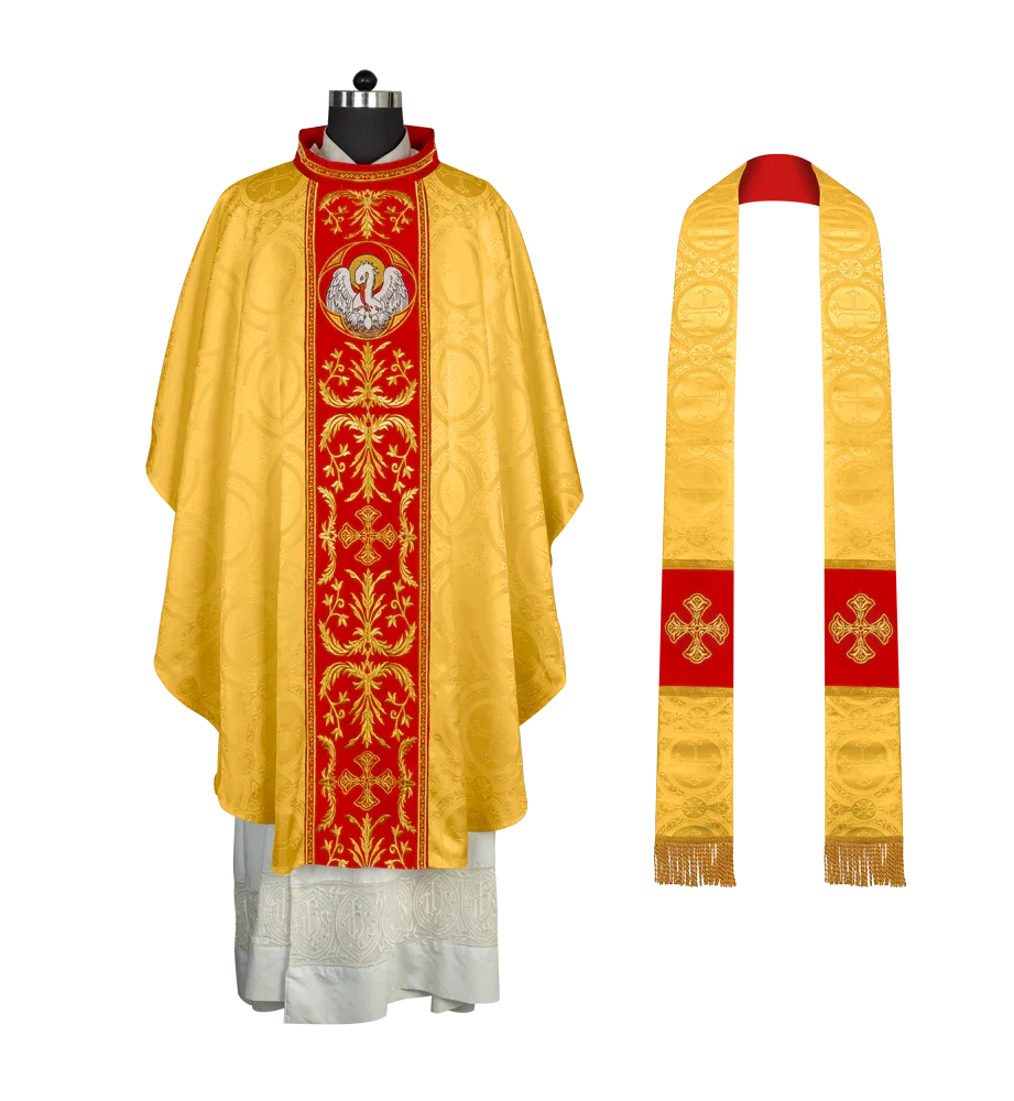 Gothic Chasuble with Ornate Pelican and Cross Embroidery