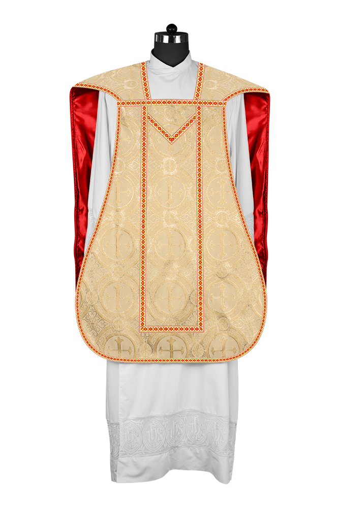 Casulla romana con motivos y ribetes adornados 