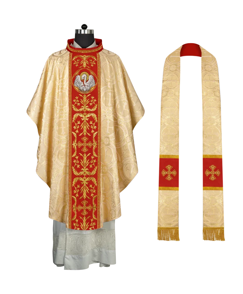 Gothic Chasuble with Ornate Pelican and Cross Embroidery